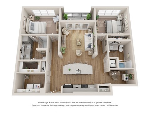 Floor plan for 2 beds, 2 baths, 1194 sqft